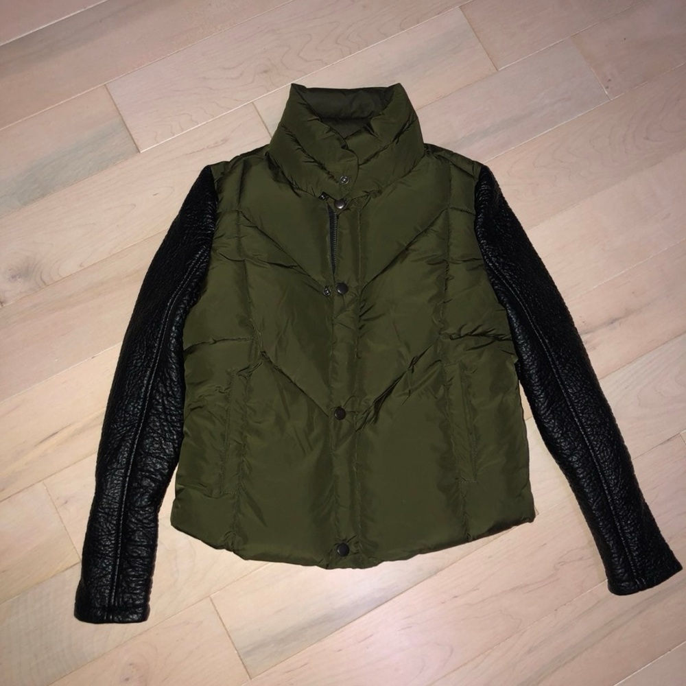 Blank NYC girls olive green puffer leather sleeve jacket Large